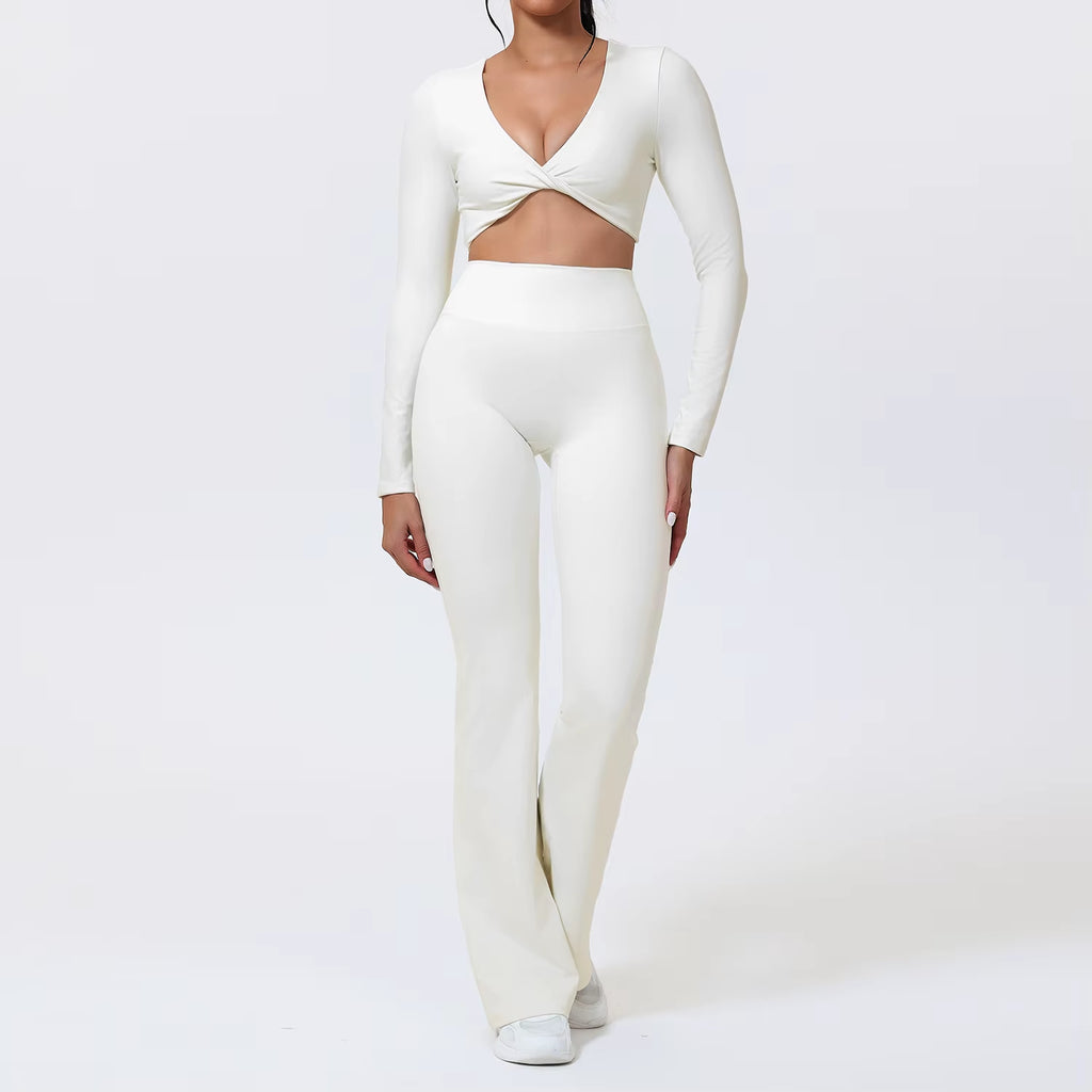 Flared Pants Sets 2Pcs Woman ECO Pilates Twist-Knot Long Sleeved Cropped Sports Top High Waisted Butt Lift Yoga Pants