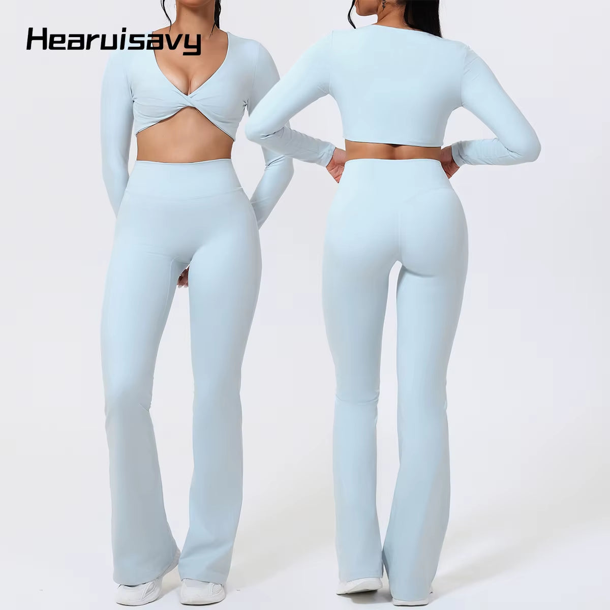 Flared Pants Sets 2Pcs Woman ECO Pilates Twist-Knot Long Sleeved Cropped Sports Top High Waisted Butt Lift Yoga Pants
