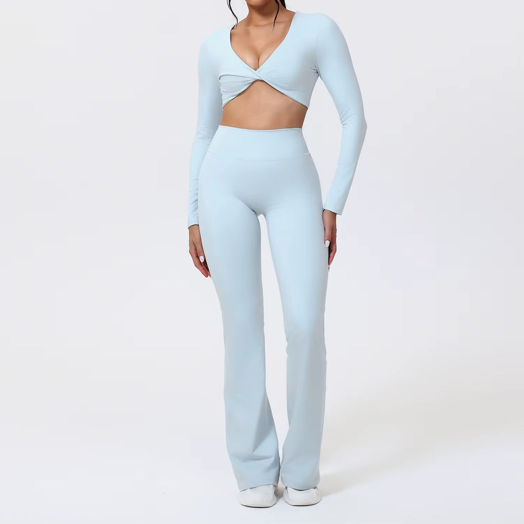 Flared Pants Sets 2Pcs Woman ECO Pilates Twist-Knot Long Sleeved Cropped Sports Top High Waisted Butt Lift Yoga Pants