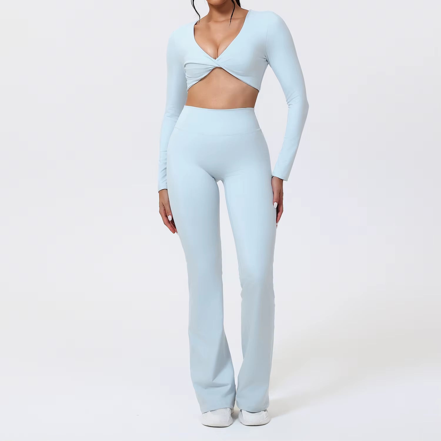 Flared Pants Sets 2Pcs Woman ECO Pilates Twist-Knot Long Sleeved Cropped Sports Top High Waisted Butt Lift Yoga Pants