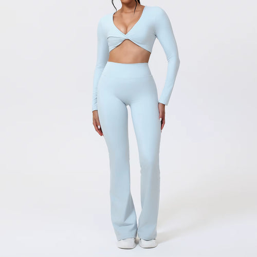 Flared Pants Sets 2Pcs Woman ECO Pilates Twist-Knot Long Sleeved Cropped Sports Top High Waisted Butt Lift Yoga Pants