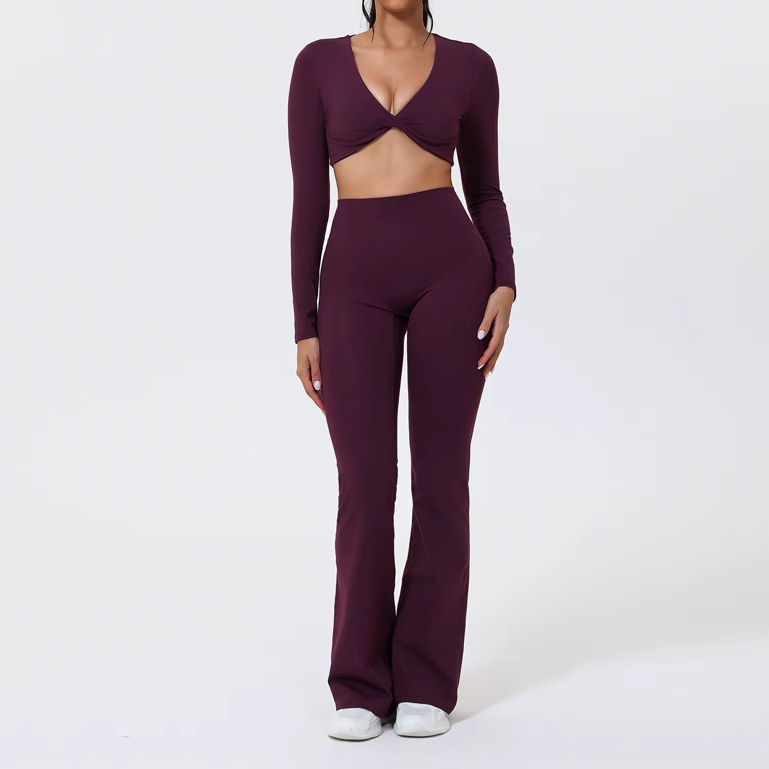 Flared Pants Sets 2Pcs Woman ECO Pilates Twist-Knot Long Sleeved Cropped Sports Top High Waisted Butt Lift Yoga Pants