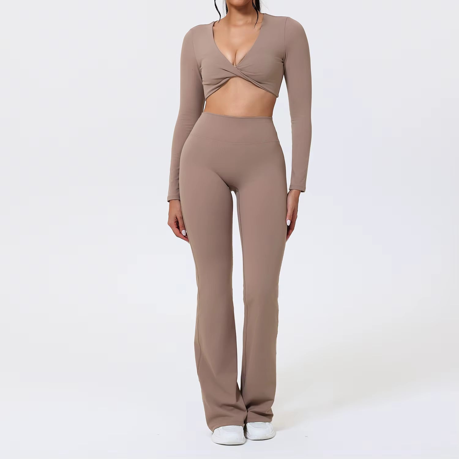 Flared Pants Sets 2Pcs Woman ECO Pilates Twist-Knot Long Sleeved Cropped Sports Top High Waisted Butt Lift Yoga Pants