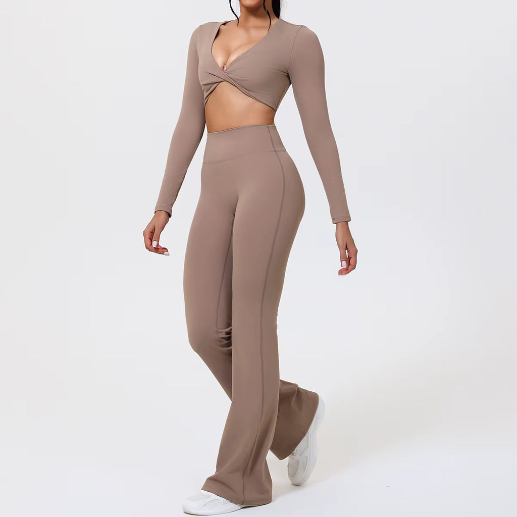 Flared Pants Sets 2Pcs Woman ECO Pilates Twist-Knot Long Sleeved Cropped Sports Top High Waisted Butt Lift Yoga Pants