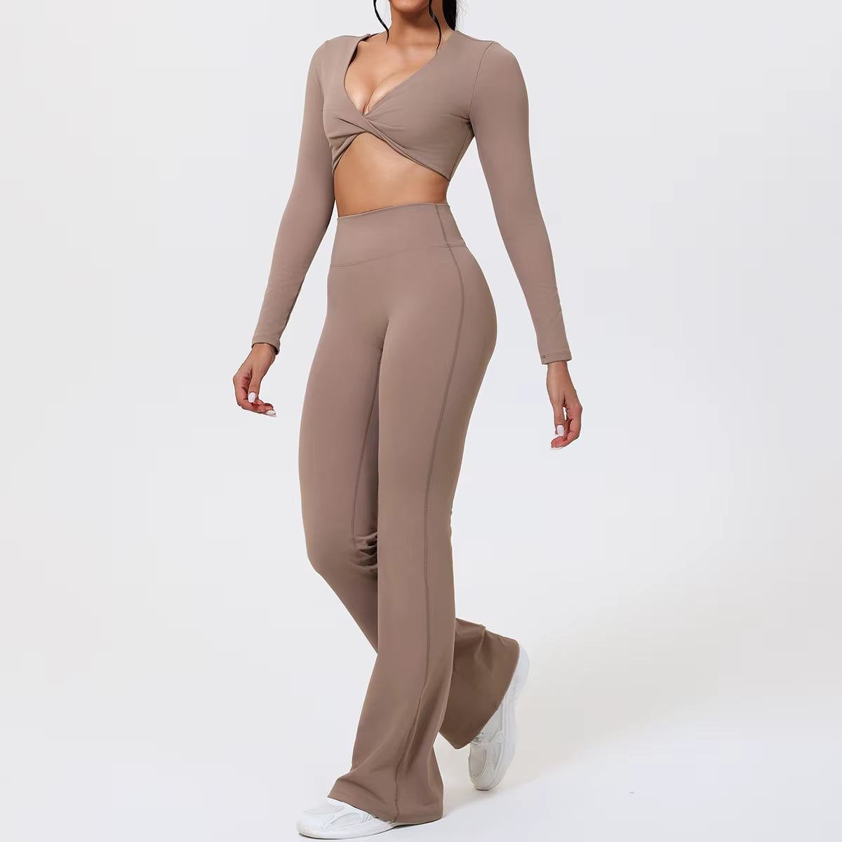 Flared Pants Sets 2Pcs Woman ECO Pilates Twist-Knot Long Sleeved Cropped Sports Top High Waisted Butt Lift Yoga Pants