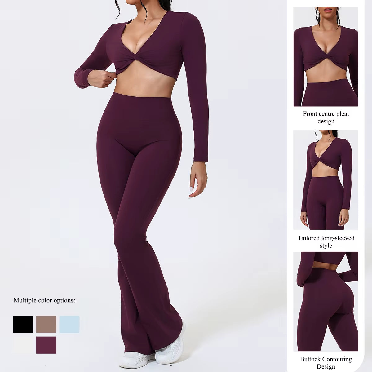 Flared Pants Sets 2Pcs Woman ECO Pilates Twist-Knot Long Sleeved Cropped Sports Top High Waisted Butt Lift Yoga Pants