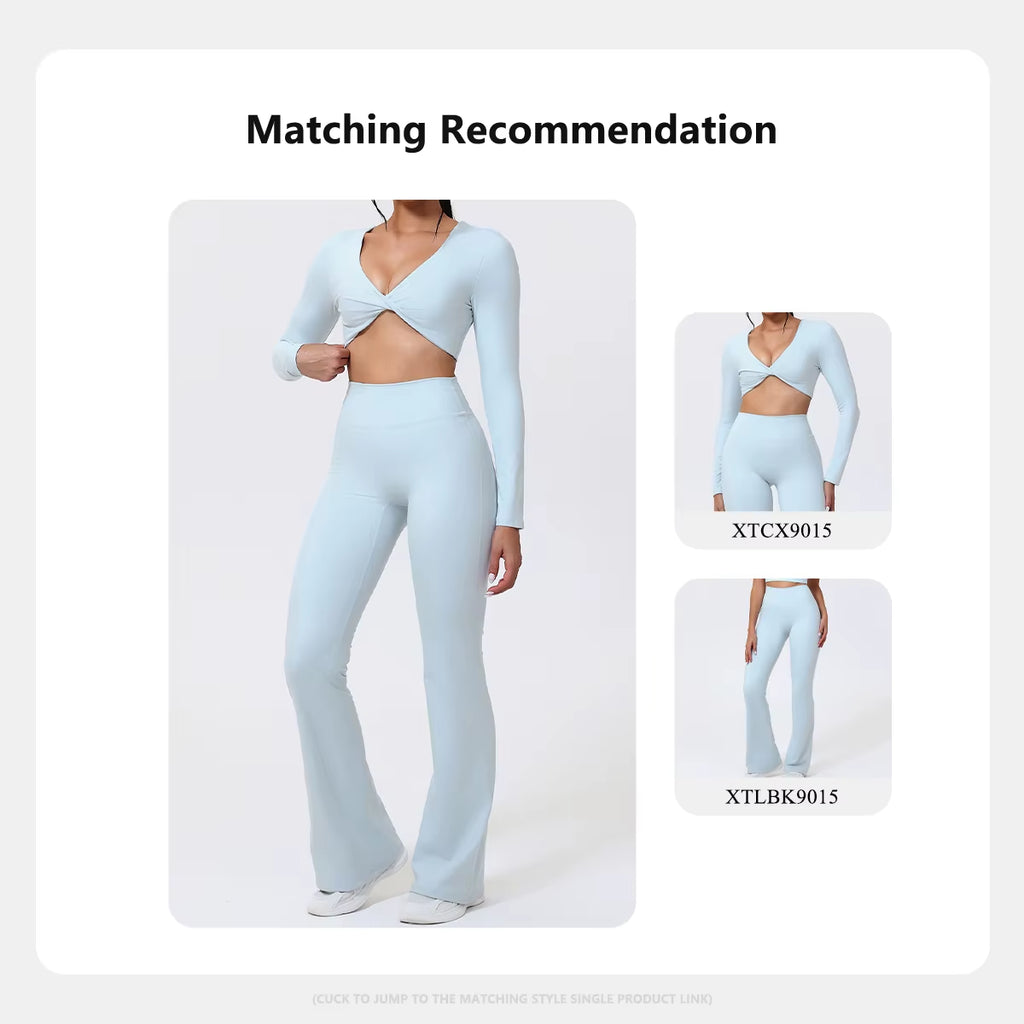 Flared Pants Sets 2Pcs Woman ECO Pilates Twist-Knot Long Sleeved Cropped Sports Top High Waisted Butt Lift Yoga Pants