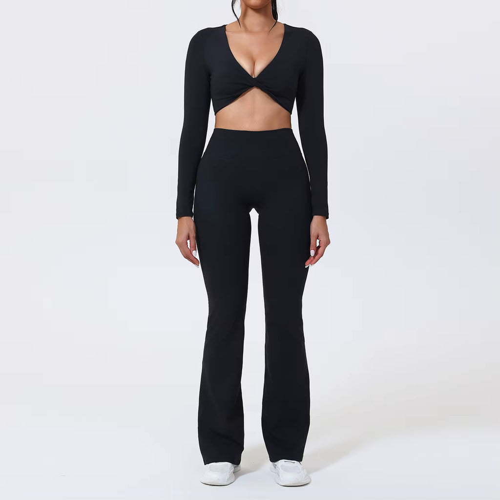 Flared Pants Sets 2Pcs Woman ECO Pilates Twist-Knot Long Sleeved Cropped Sports Top High Waisted Butt Lift Yoga Pants